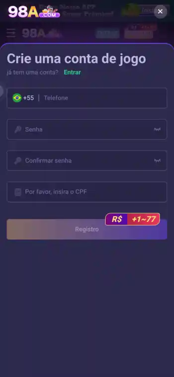 Tela de registro do site 98A